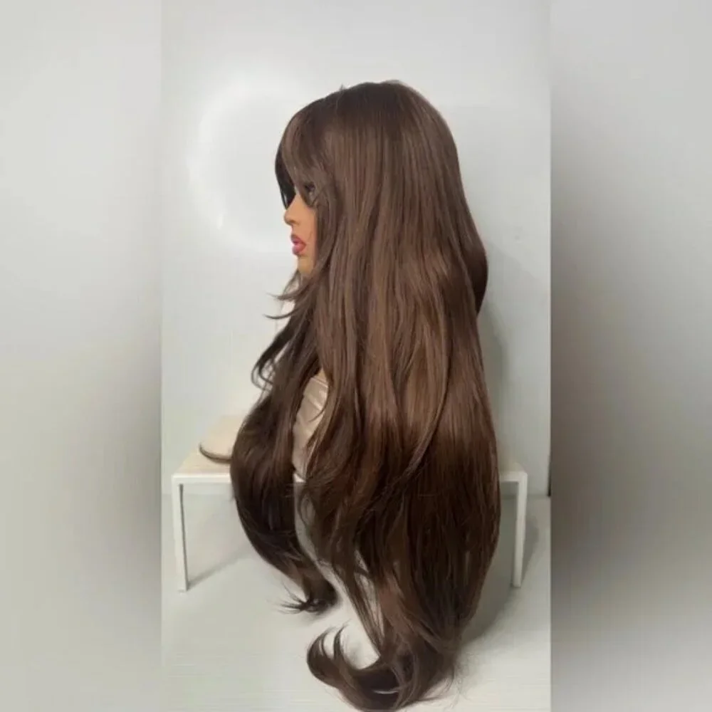 Long Chestnut Brown Synthetic Wig – Natural Brown, Curtain Bangs, Classic wig